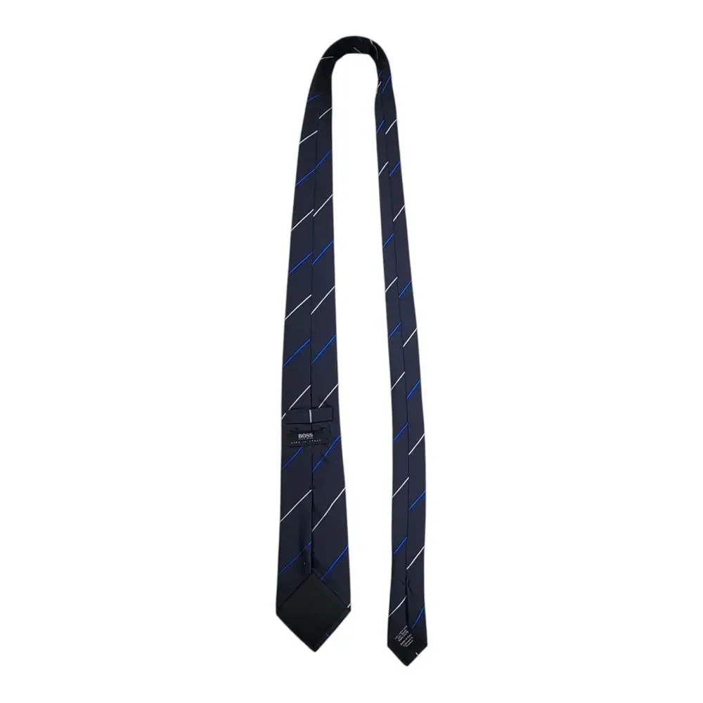 BOSS Hugo Boss Silk Tie Navy Blue Diagonal Stripe Made in Italy Mens Classic